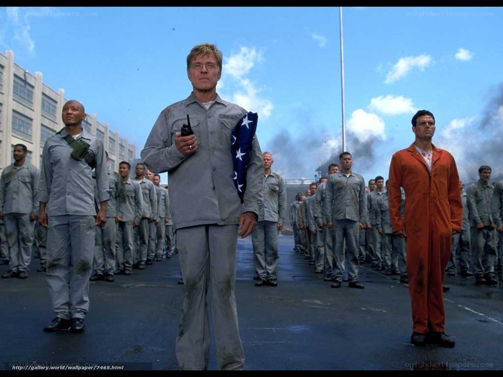 prison yard scene with flag
