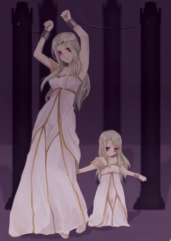 Prisoner and child in white gowns
