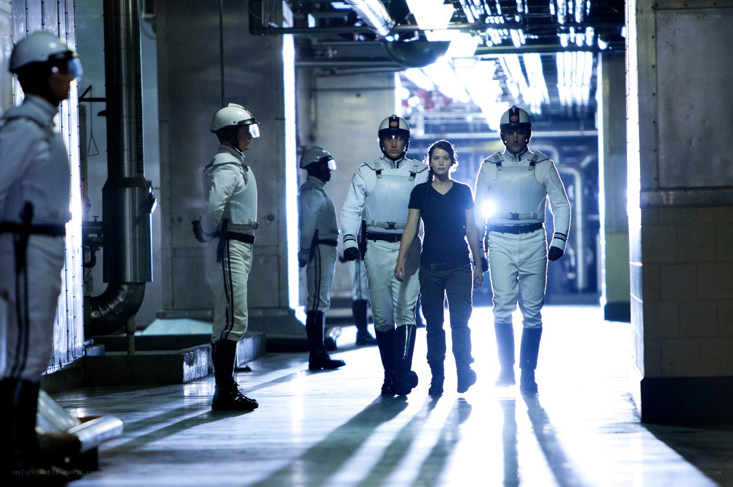 Prisoners escorting a woman