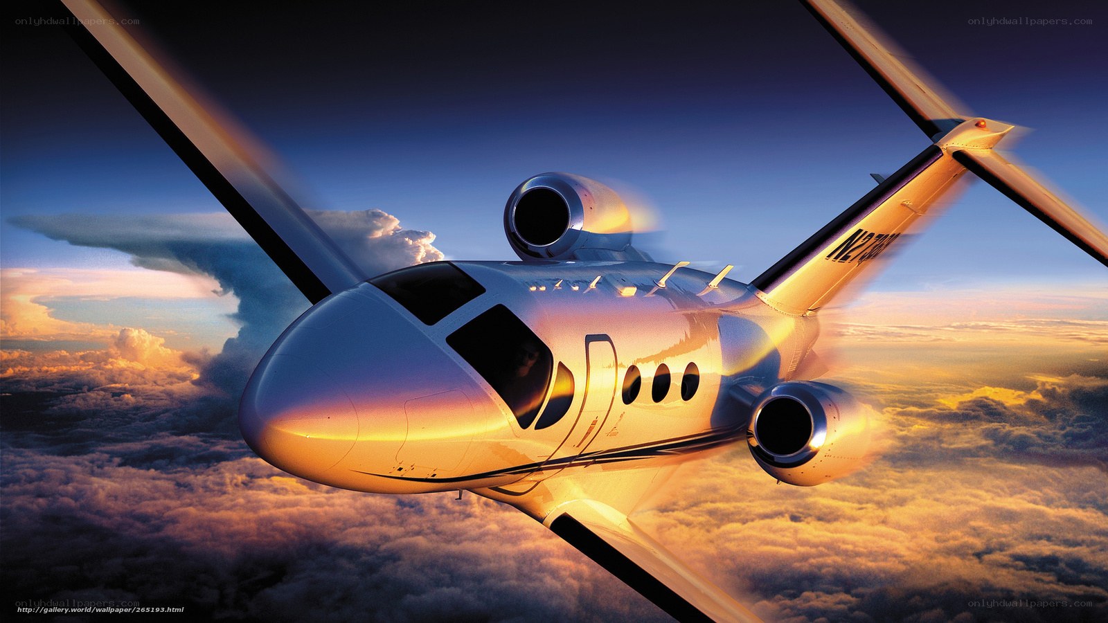 Private jet flying above clouds