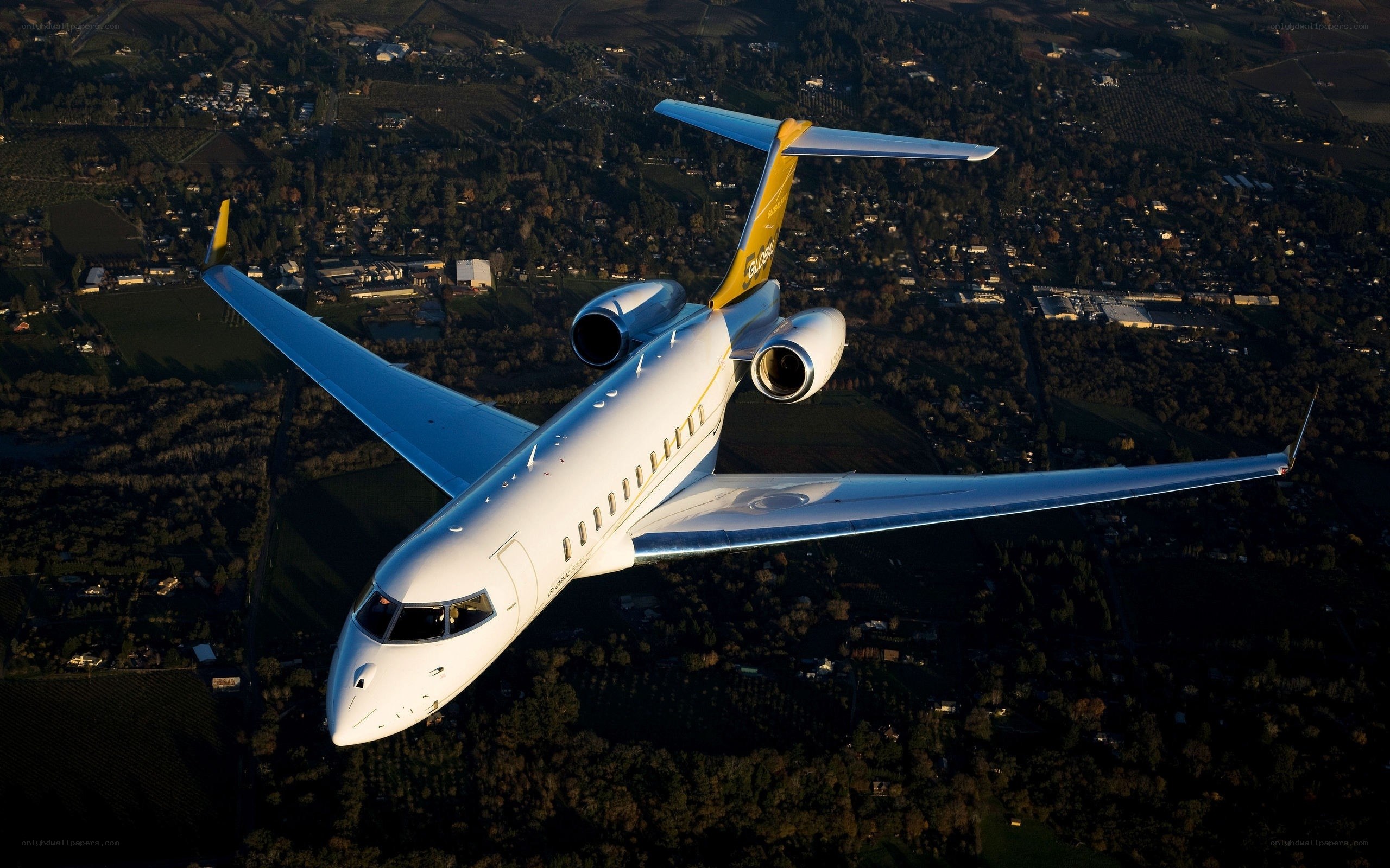 Private jet flying over landscape