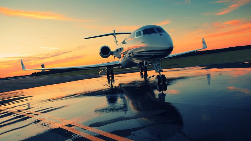 Private Jet on Runway — Orange, Dramatic, Sunset
