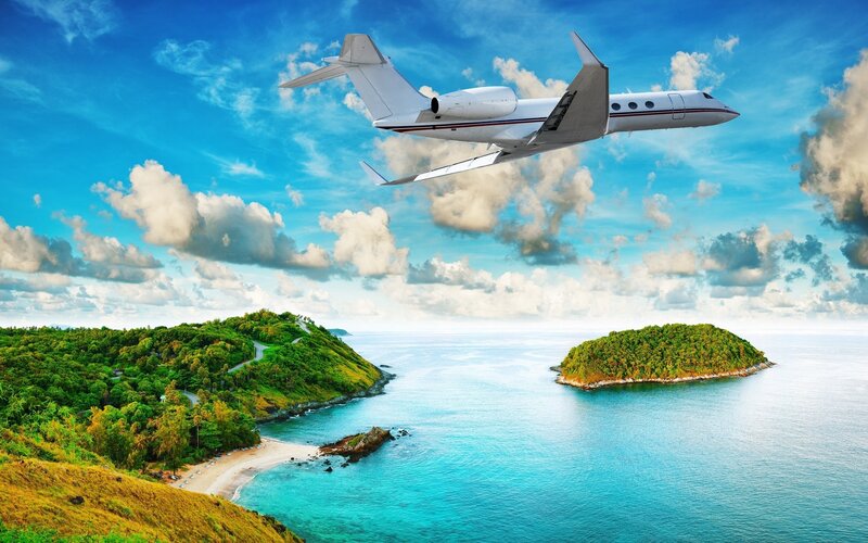 Private Jet over Islands — Blue, Serene
