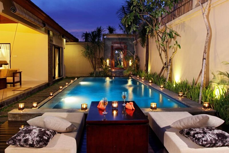 Private Pool at Night — Blue, Serene, Photograph, Candles