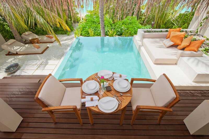Private Pool Villa — Blue, Serene, Afternoon, Photograph, Lounge Chairs, Palm Trees