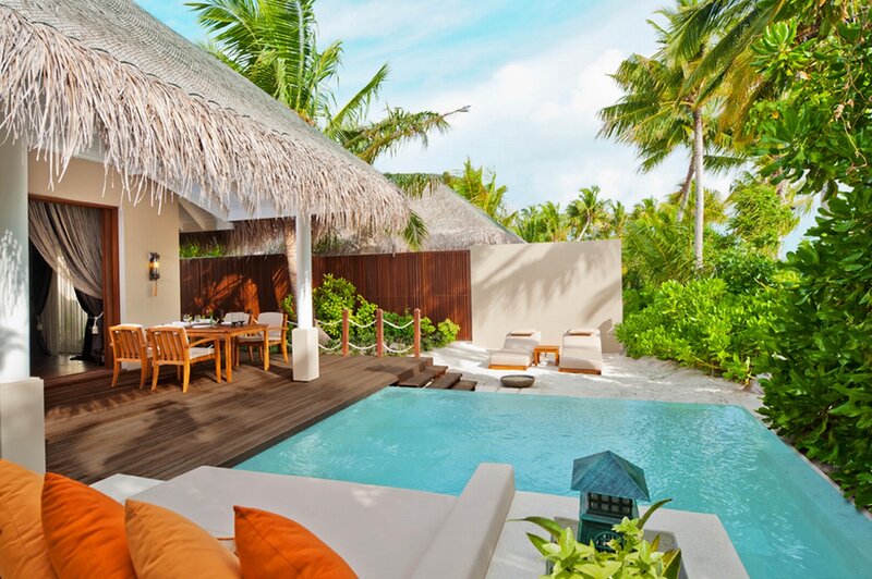 Private Pool Villa — Blue, Serene, Afternoon, Photograph, Thatched Roof