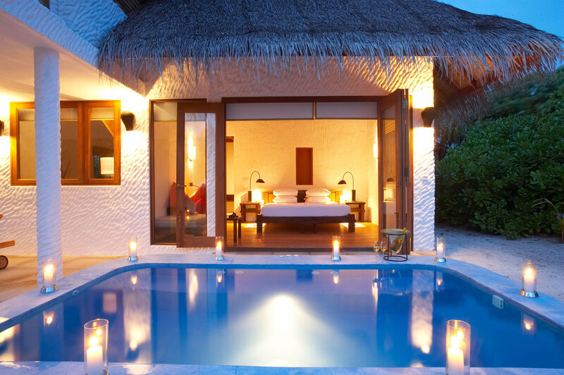 Private Pool Villa — Blue, Serene, Night, Photograph, Candles