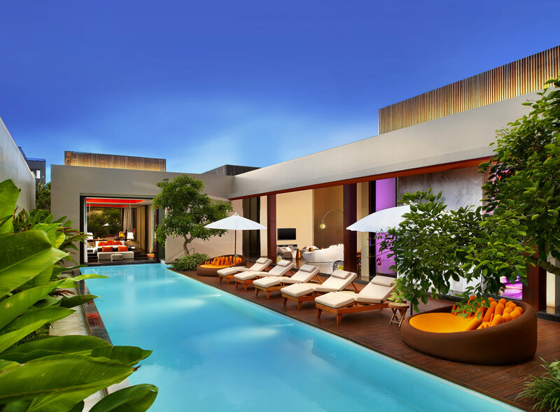 Private Pool Villa — Blue, Serene, Night, Photograph, Lounge Chairs, Umbrellas