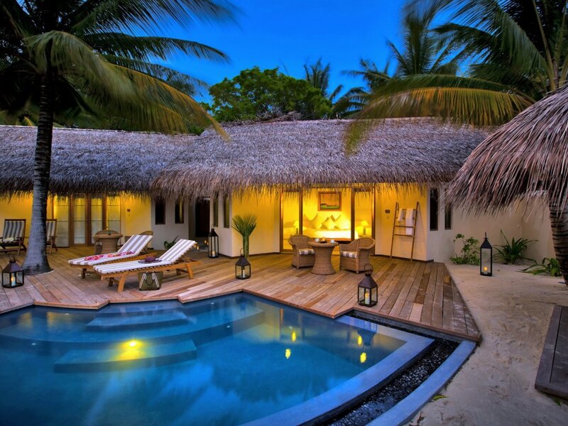 Private Pool Villa — Blue, Serene, Night, Photograph, Palm Trees