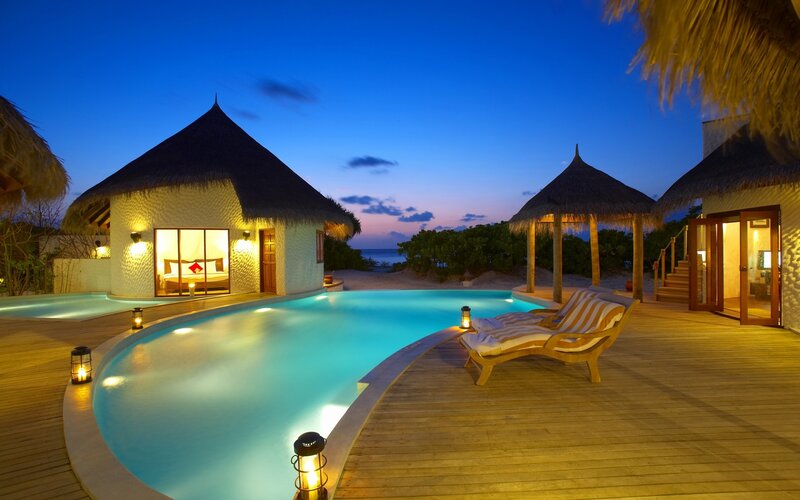 Private Pool Villa — Blue, Serene, Night, Photograph, Thatched Roof