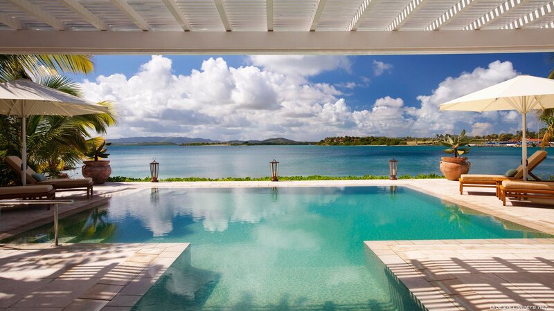 Private Pool with Ocean View — Blue, Serene, Afternoon, Photograph, Umbrellas