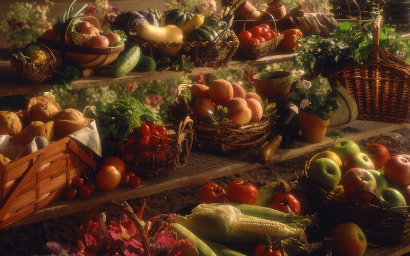 Produce on Wooden Shelves