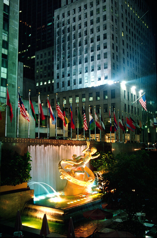 Prometheus statue at night