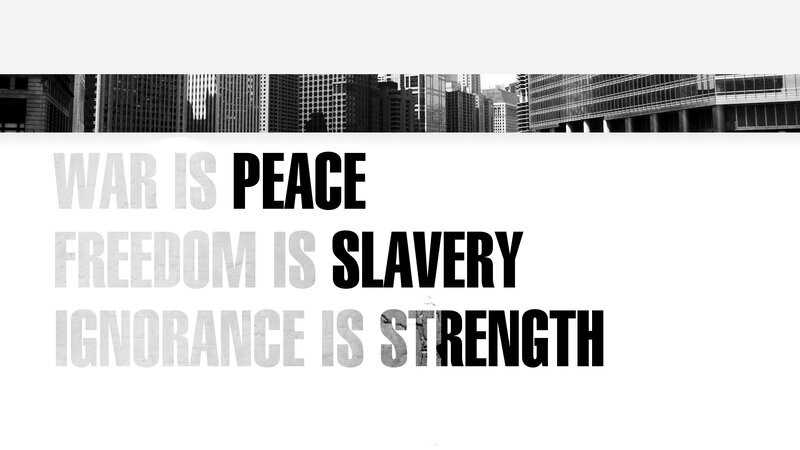 propaganda text on cityscape
