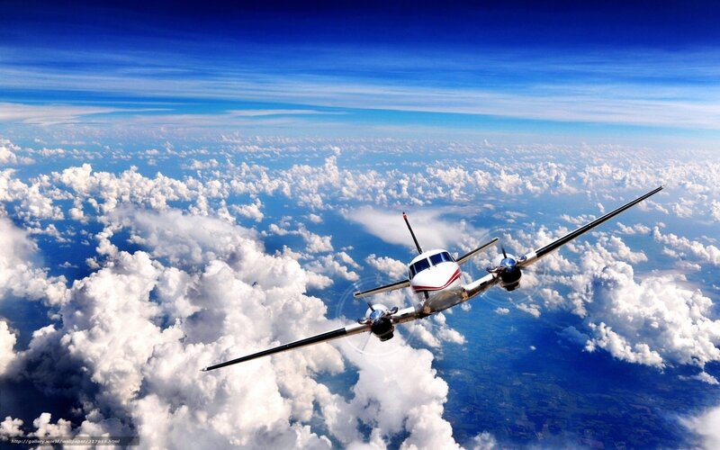 Propeller Airplane Flying — Blue, Serene, Afternoon, Photograph, Clouds, Sky, Aircraft