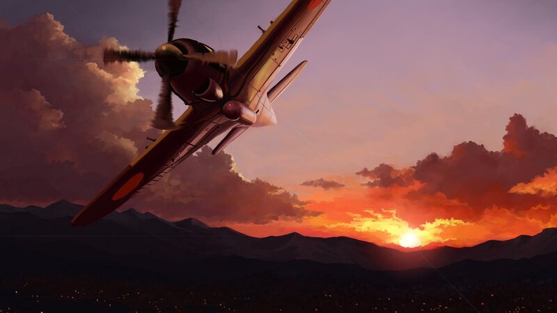 Propeller Airplane in Flight — Orange, Dramatic, Sunset, Digital Art