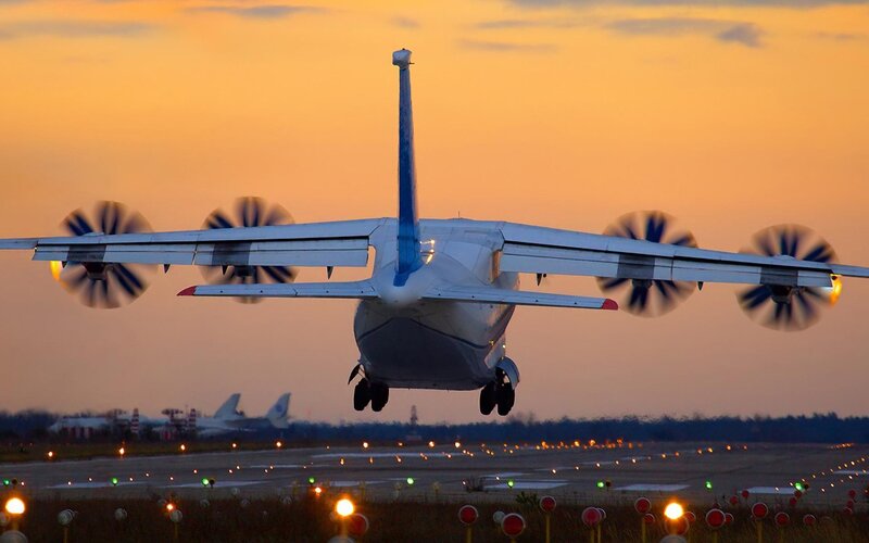 Propeller Airplane Taking Off — Orange, Dramatic, Sunset, Photograph, Runway, Blue