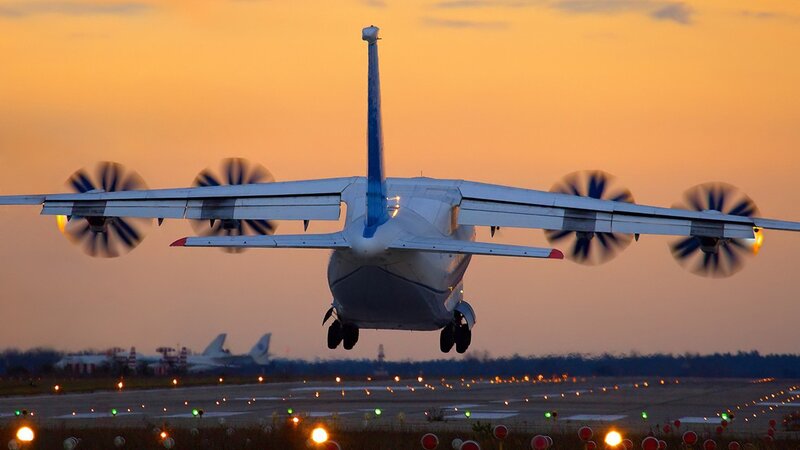 Propeller Airplane Taking Off — Orange, Dramatic, Sunset, Photograph, Runway