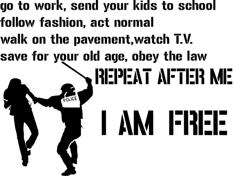 Protest art with police and text