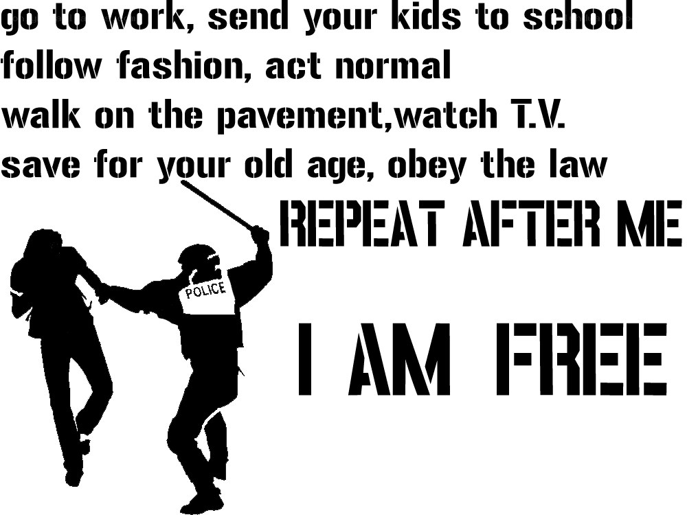 Protest art with police and text