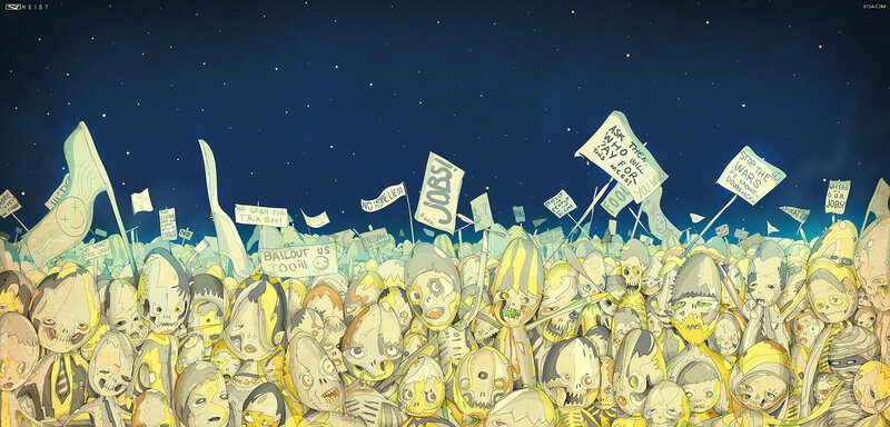 Protest of zombie-like figures