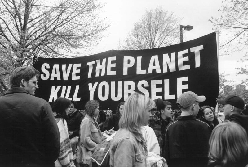 Protest with ironic banner