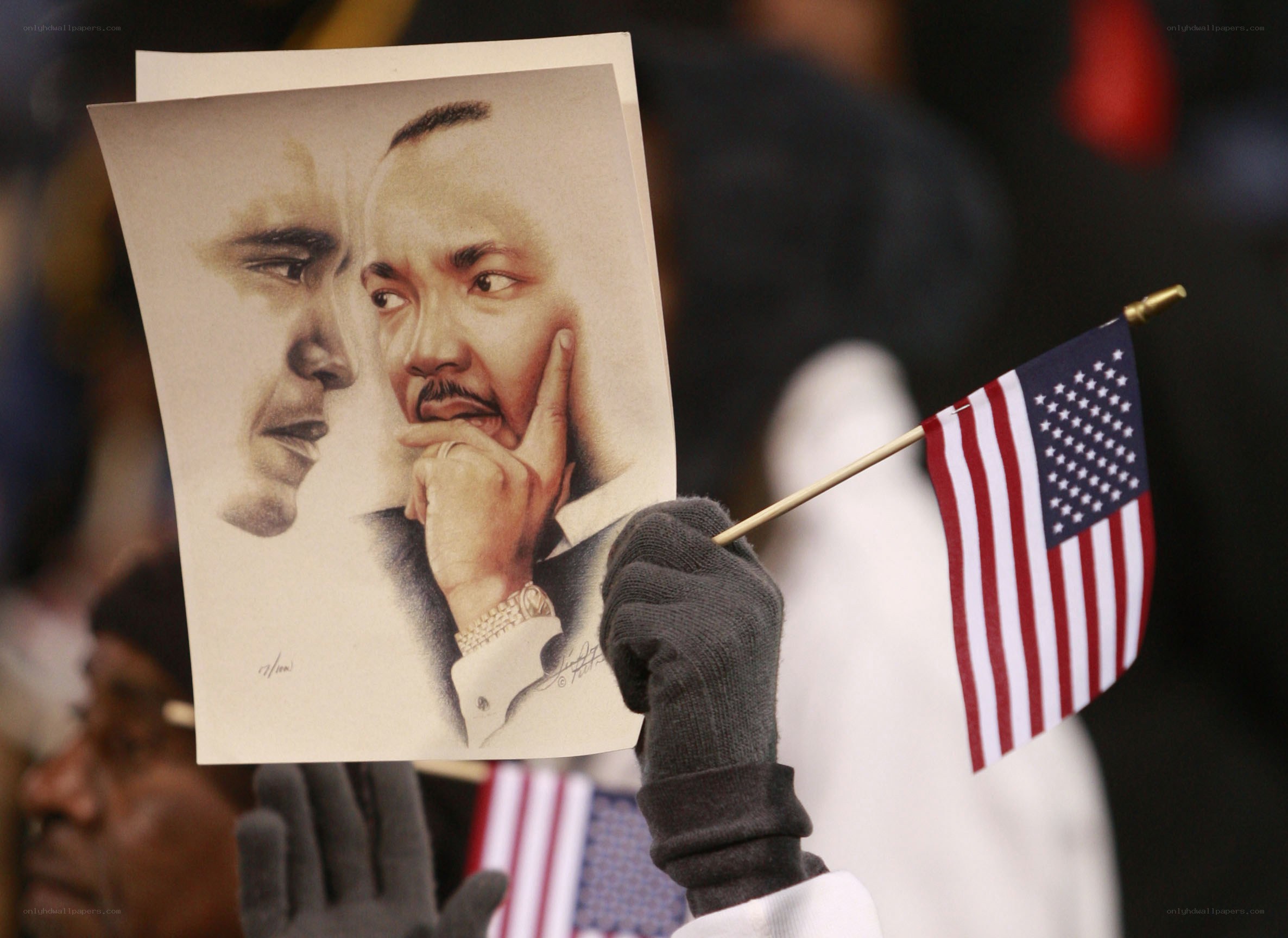 Protest with portraits and flag