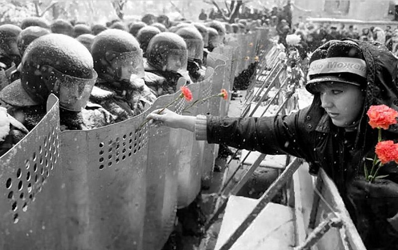 Protester offers flowers to police
