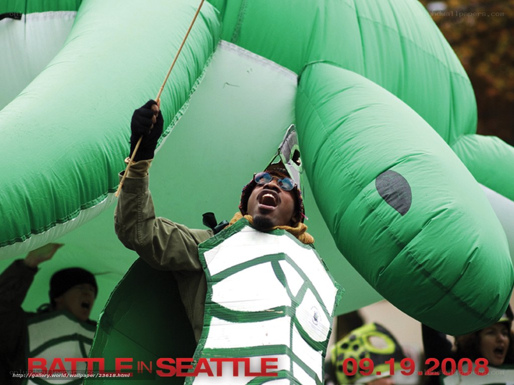 Protester with inflatable turtle