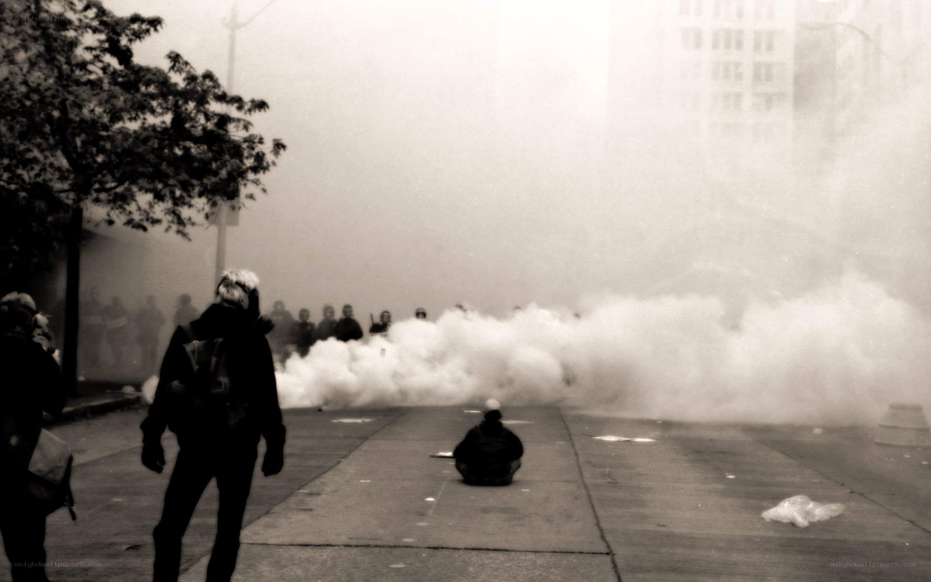 Protesters amid tear gas