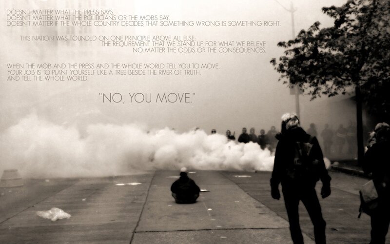 Protesters in Smoke — Black, Dramatic, Photograph, Text