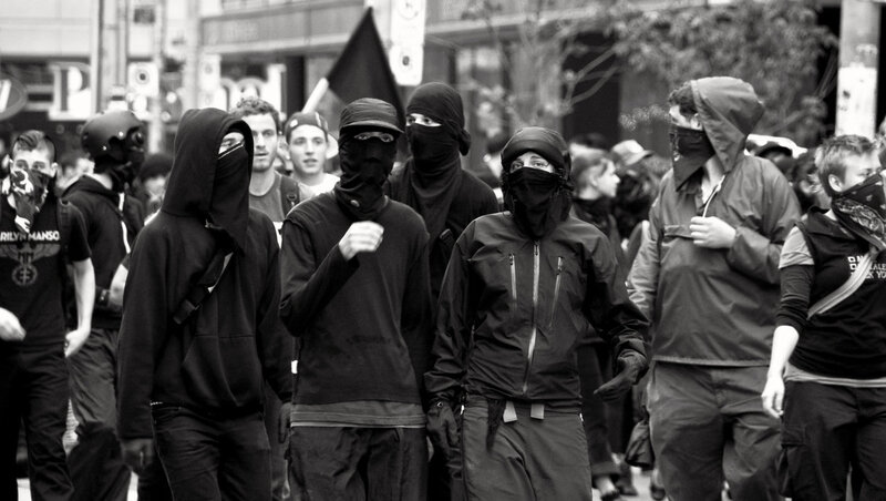 Protesters in urban setting