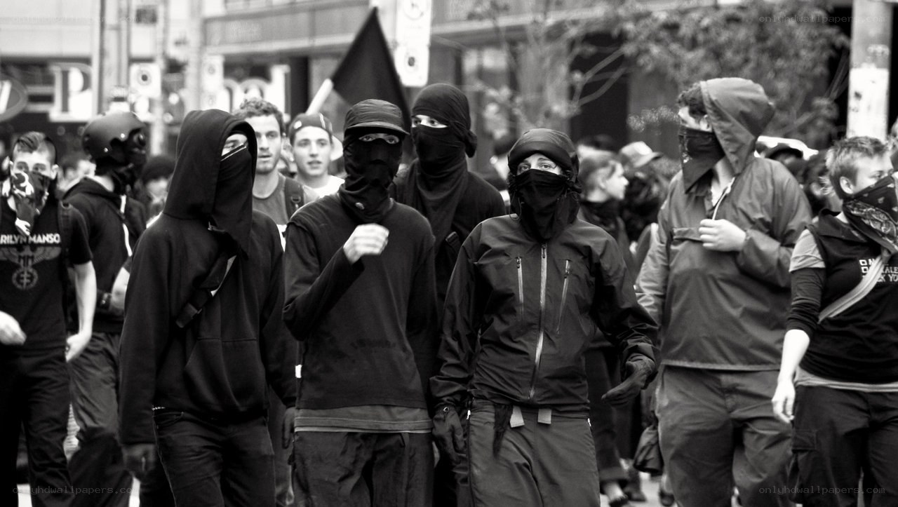 Protesters in urban setting