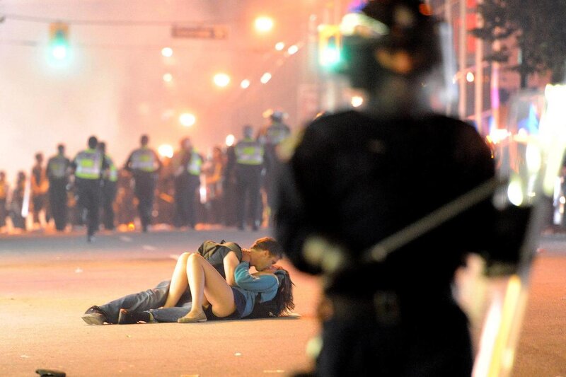 Protesters on the ground at night