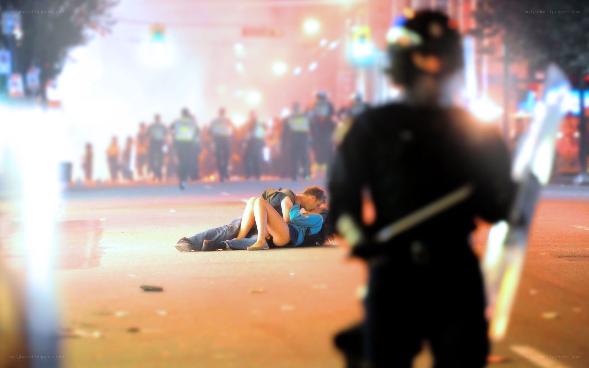 Protesters on the street at night