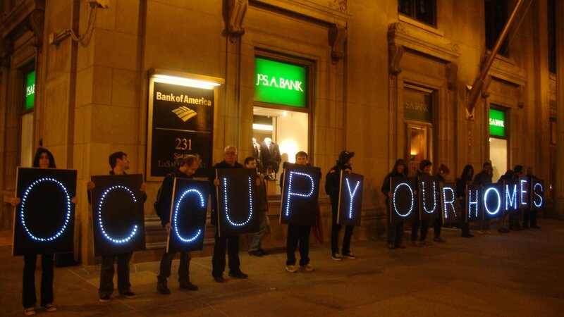Protesters outside a bank