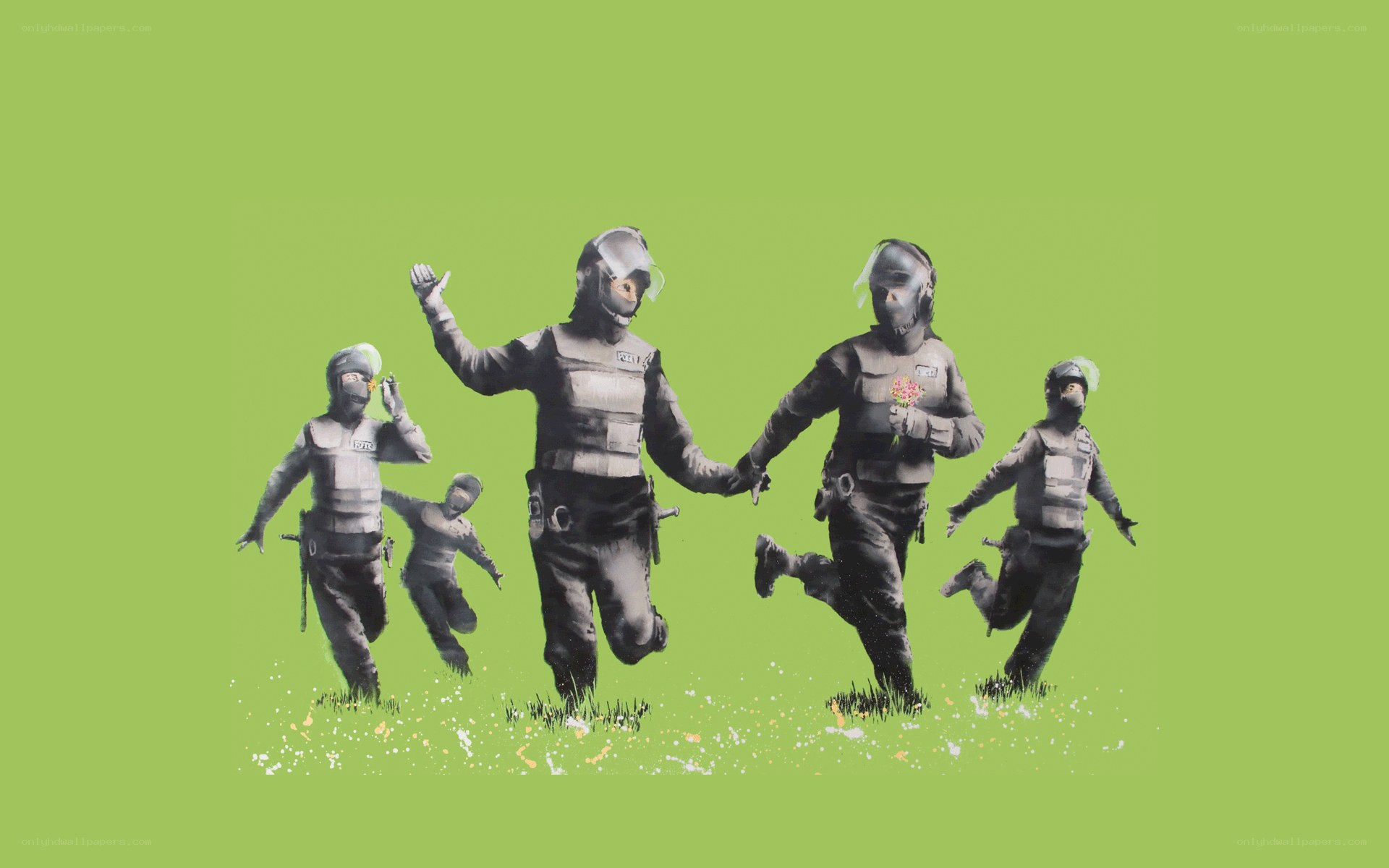 Protesters running with flowers