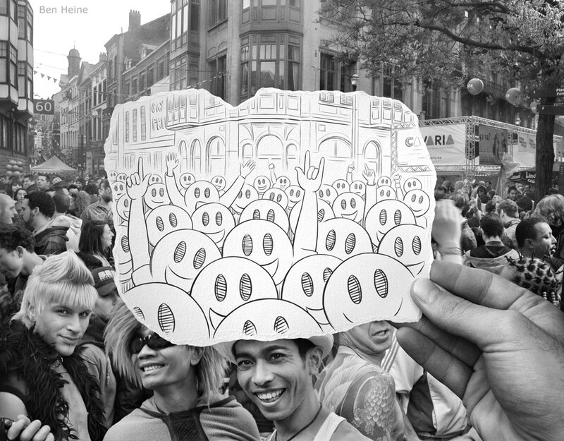 Protesters with drawn mask
