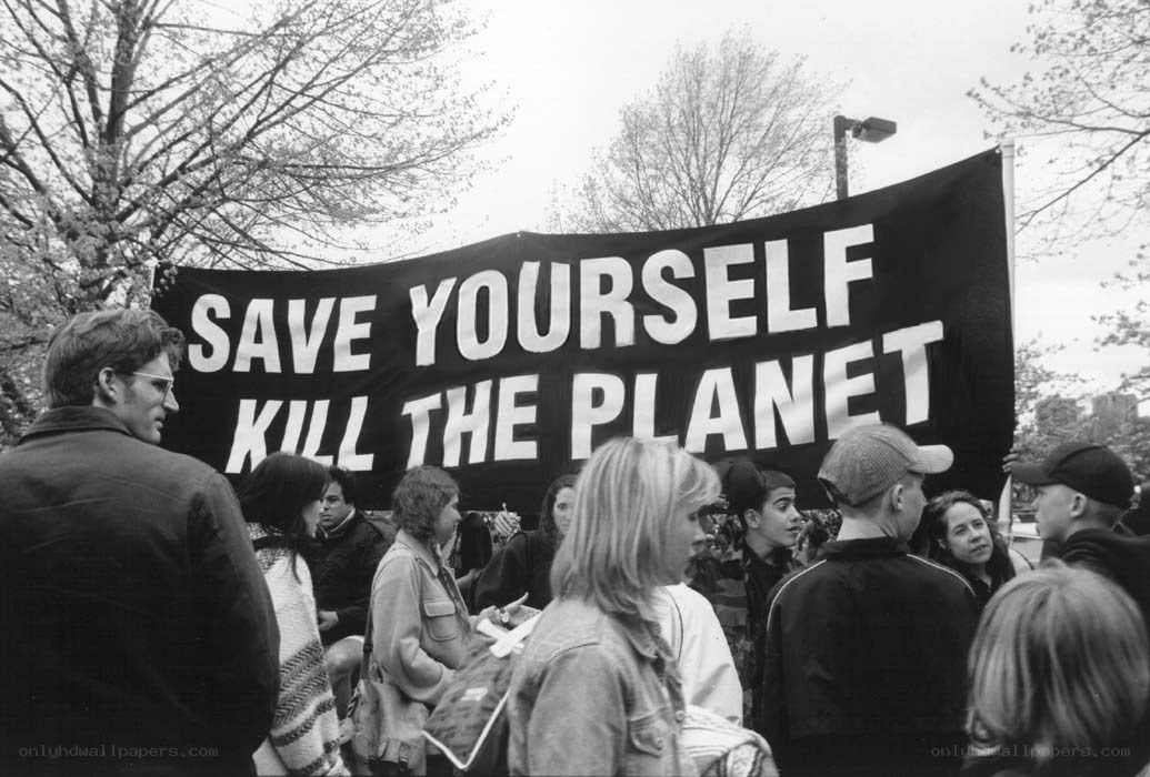 Protesters with ironic banner