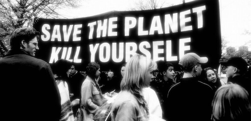 Protesters with ironic banner