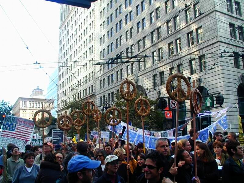 Protesters with peace signs