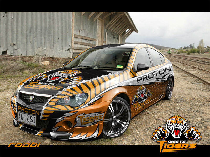 Proton car with Wests Tigers livery