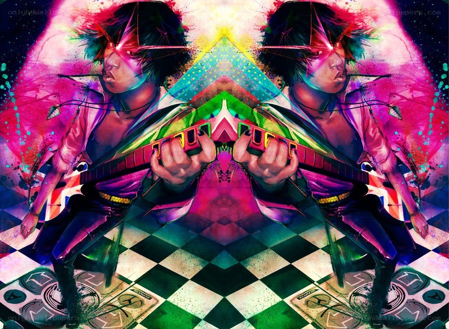 Psychedelic guitarist on checkered floor