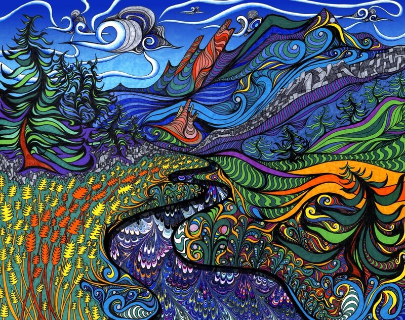 Psychedelic landscape with mountains and trees