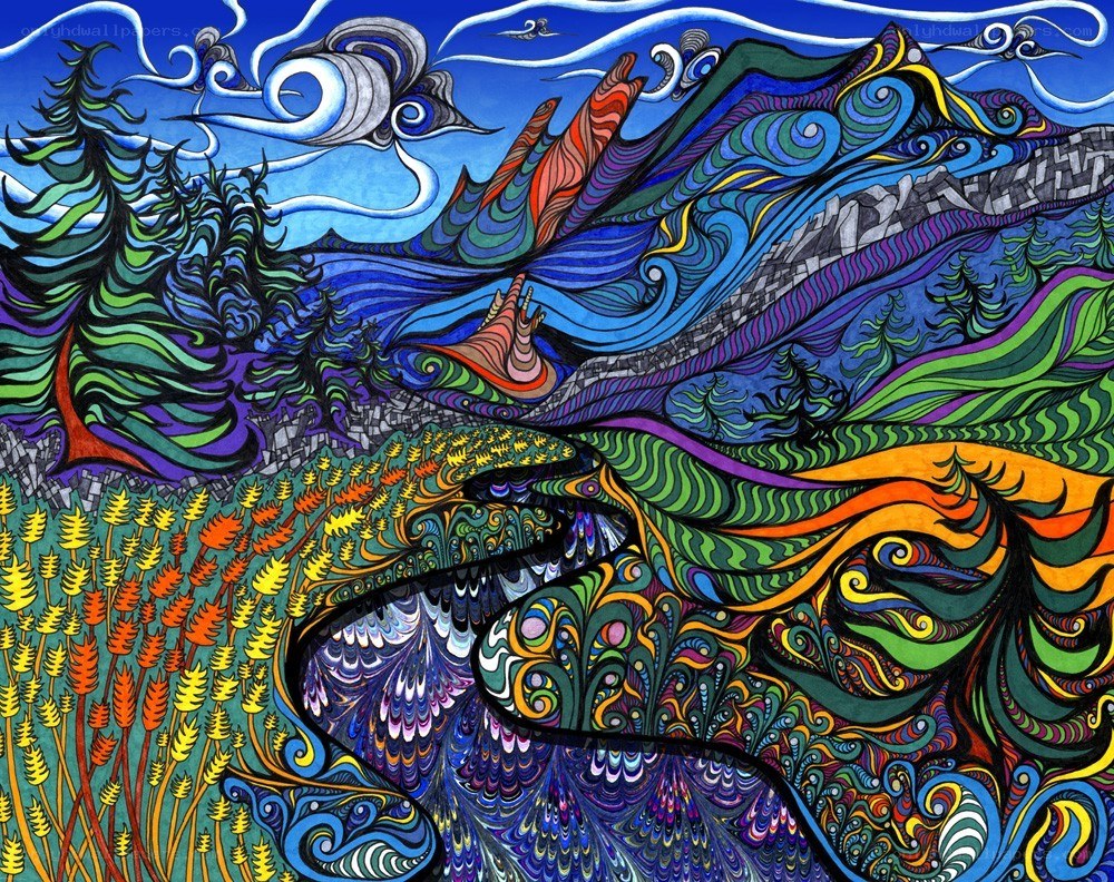 Psychedelic landscape with mountains and trees