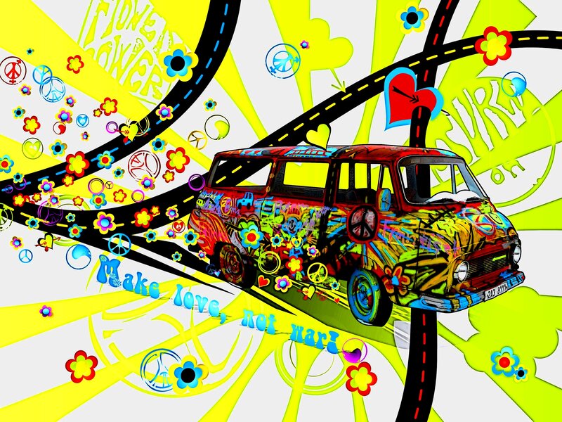Psychedelic van with peace symbols