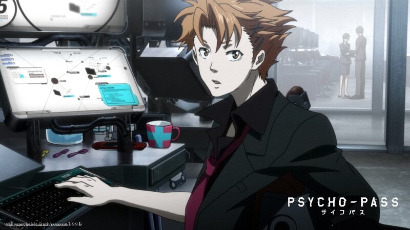 Psycho-Pass character at workstation