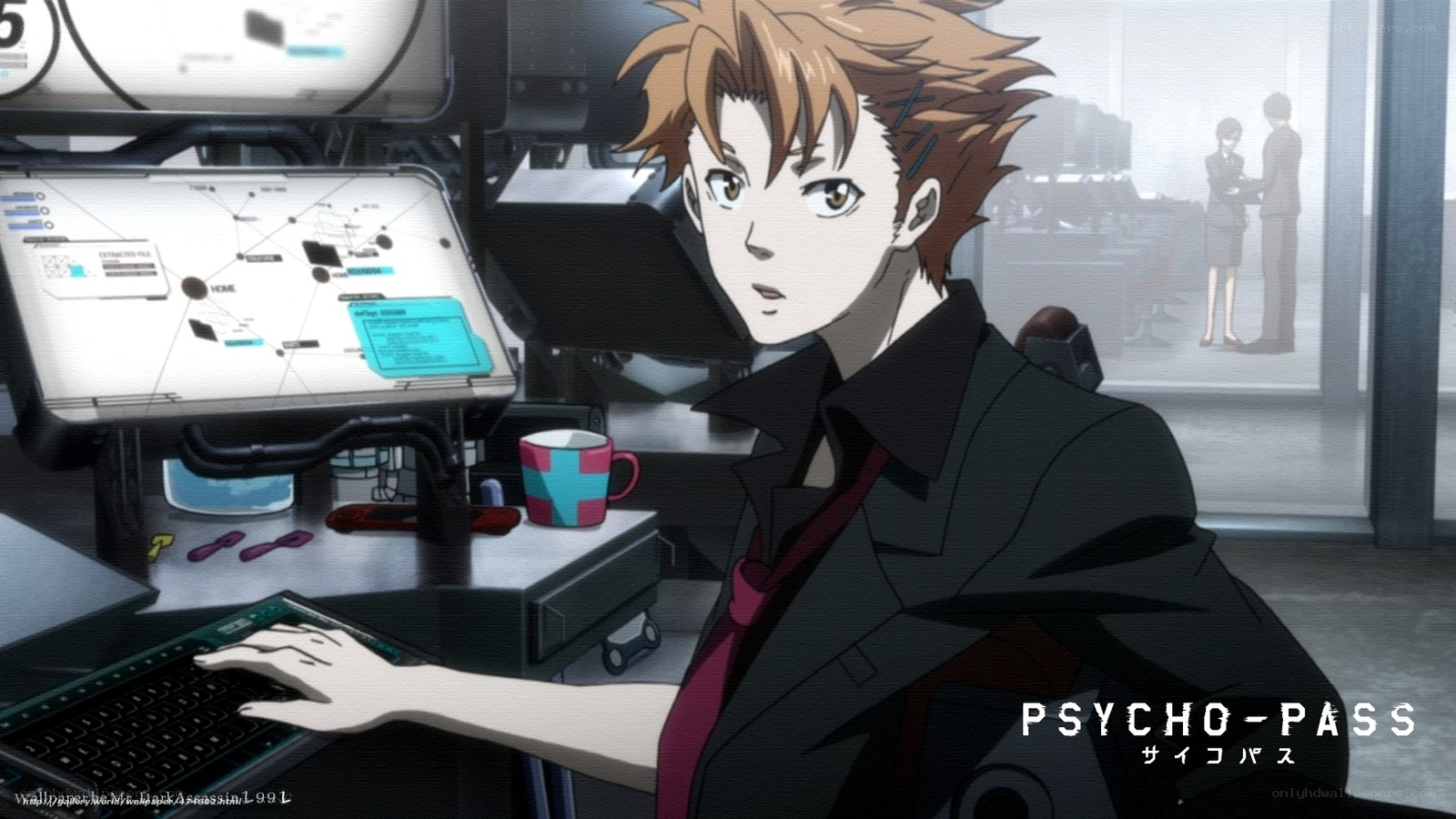 Psycho-Pass character at workstation