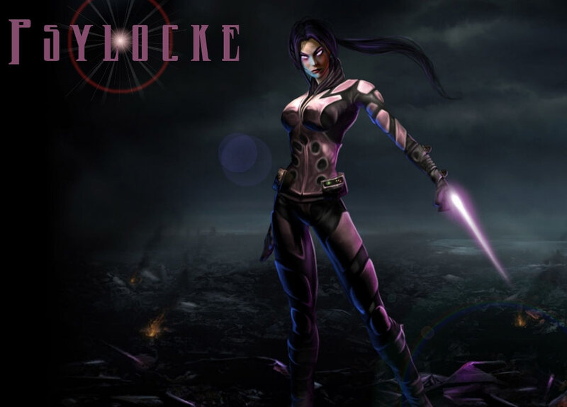 Psylocke in a dark landscape