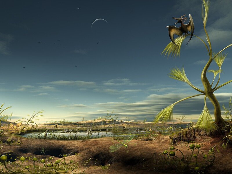 Pterodactyl on Plant — Green, Serene, Afternoon